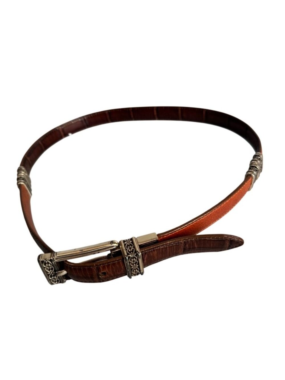 Brighton 44000 Reversible Brown Croc Embossed Leather Belt Silver Hardware M30 - Picture 3 of 6